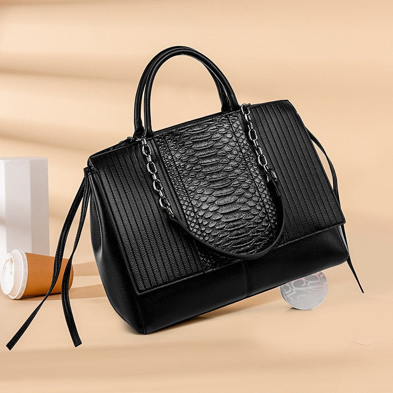 Snake Embossed Satchel with Chain Straps