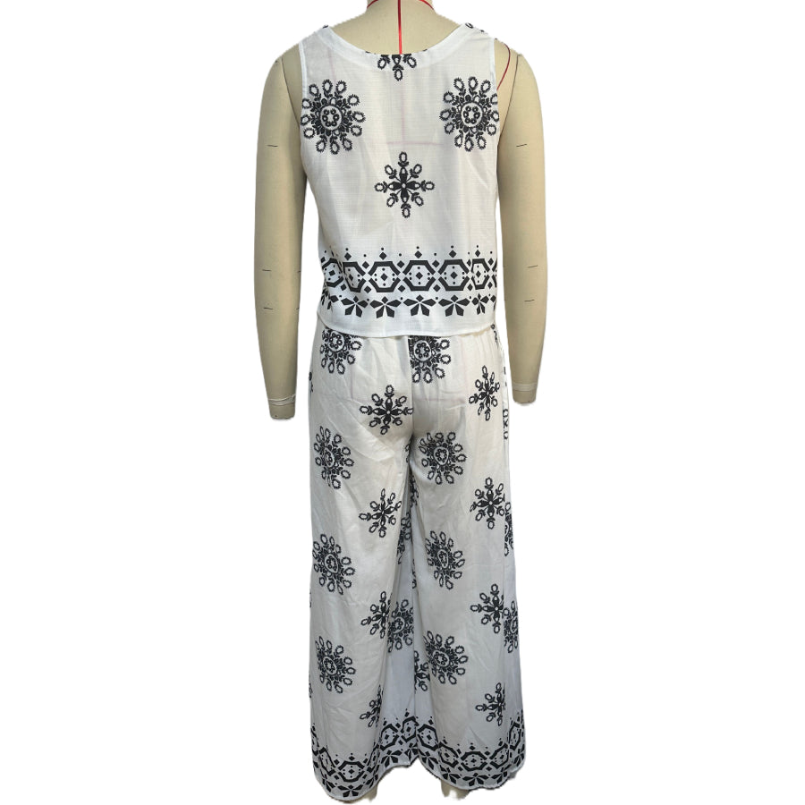 Medallion Print Tank And Wide Leg Set - White - 1