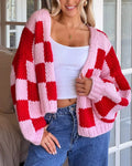 Checkerboard Chunky Knit Open Cardigan Jacket - Red