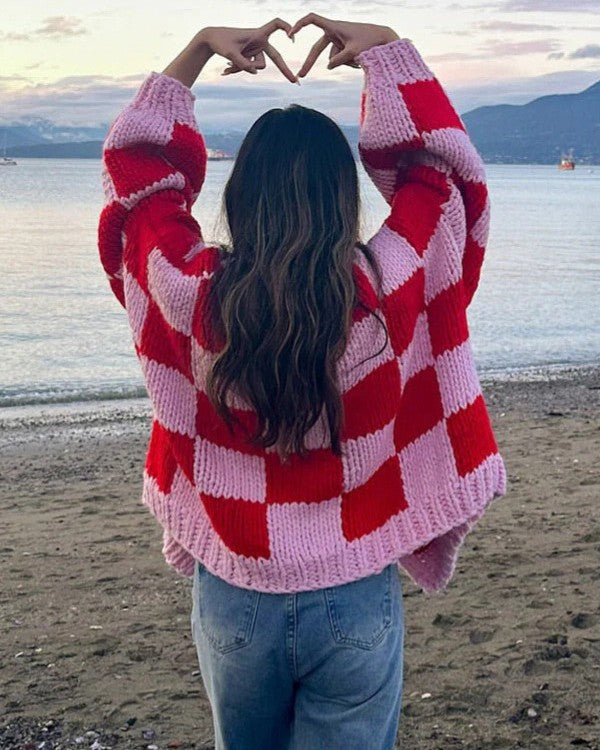 Checkerboard Chunky Knit Open Cardigan Jacket - Red - 2
