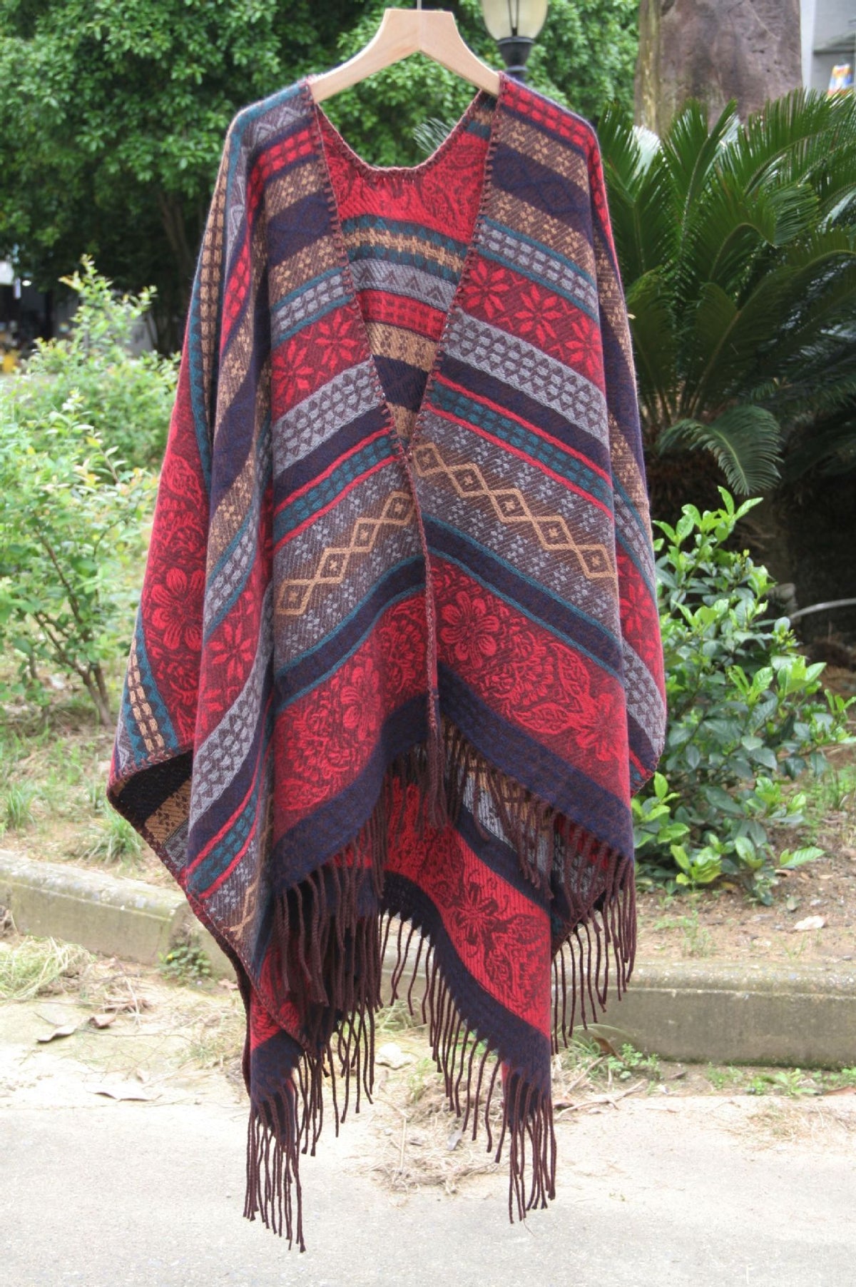 Ethnic Stripe Fringed Kimono Cape - Red