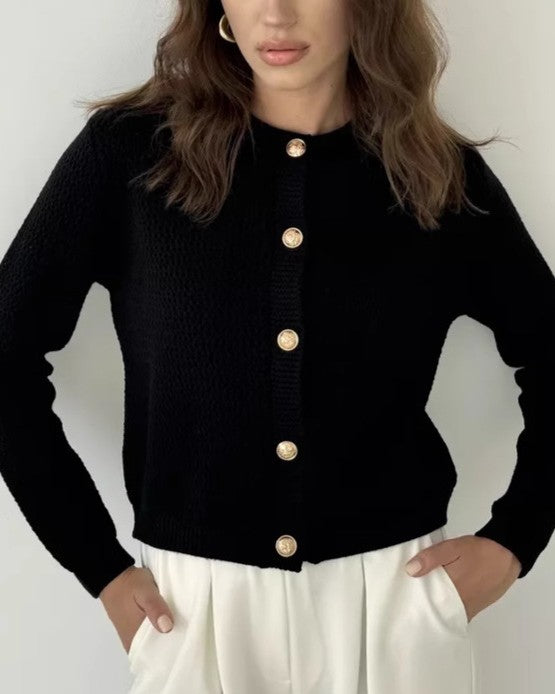 Waffle Knit Round Neck Button Cardigan - Black