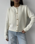 Waffle Knit Round Neck Button Cardigan - White