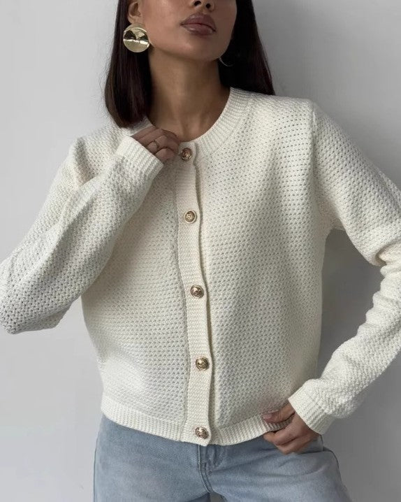 Waffle Knit Round Neck Button Cardigan - White - 1