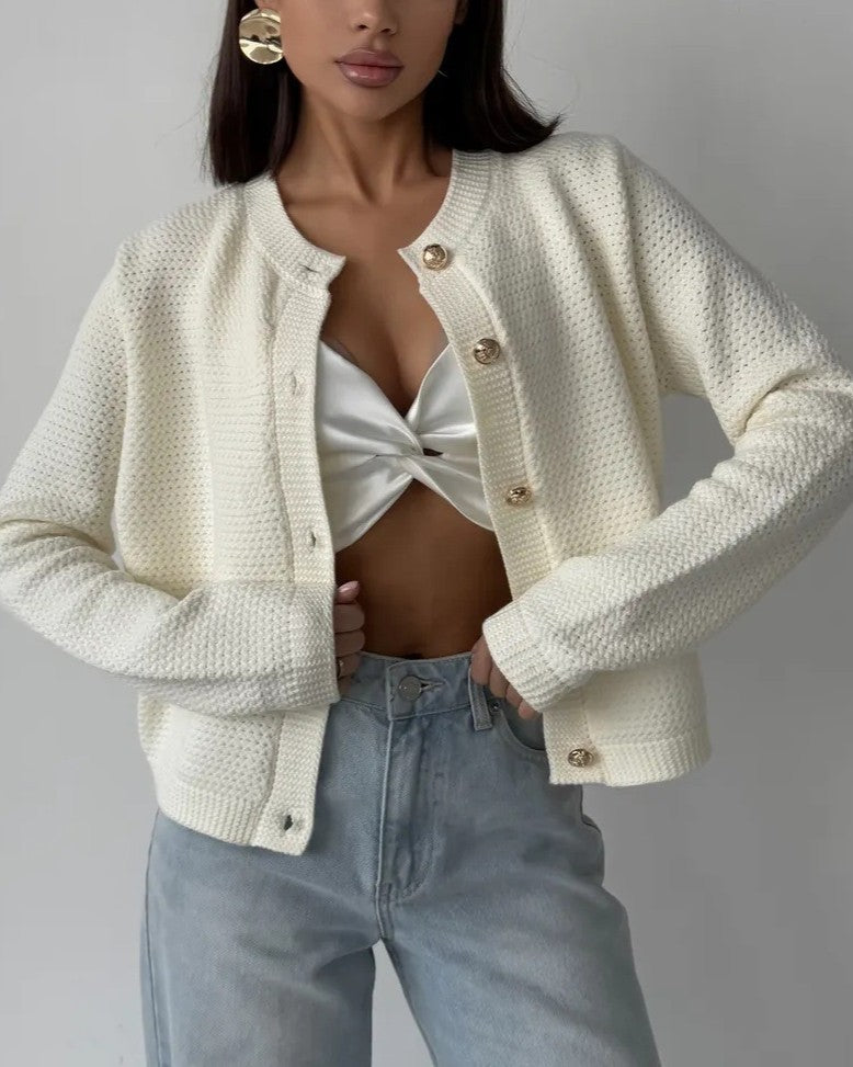 Waffle Knit Round Neck Button Cardigan - White - 2