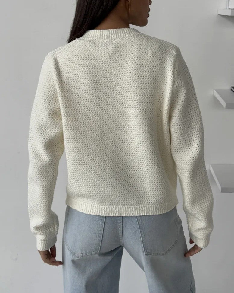 Waffle Knit Round Neck Button Cardigan - White - 3