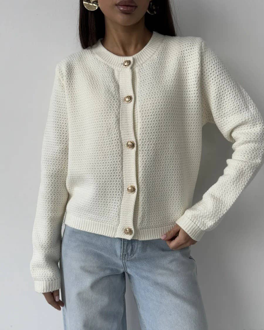 Waffle Knit Round Neck Button Cardigan
