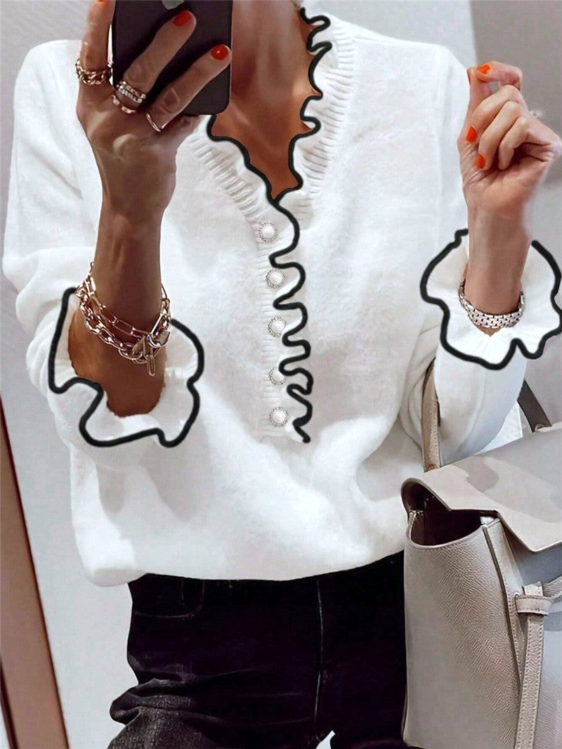 Contrast Ruffle Trim Pearl Button Knit Sweater - White