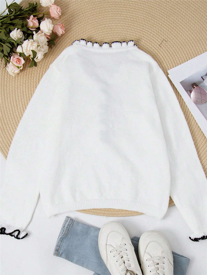 Contrast Ruffle Trim Pearl Button Knit Sweater - White - 1