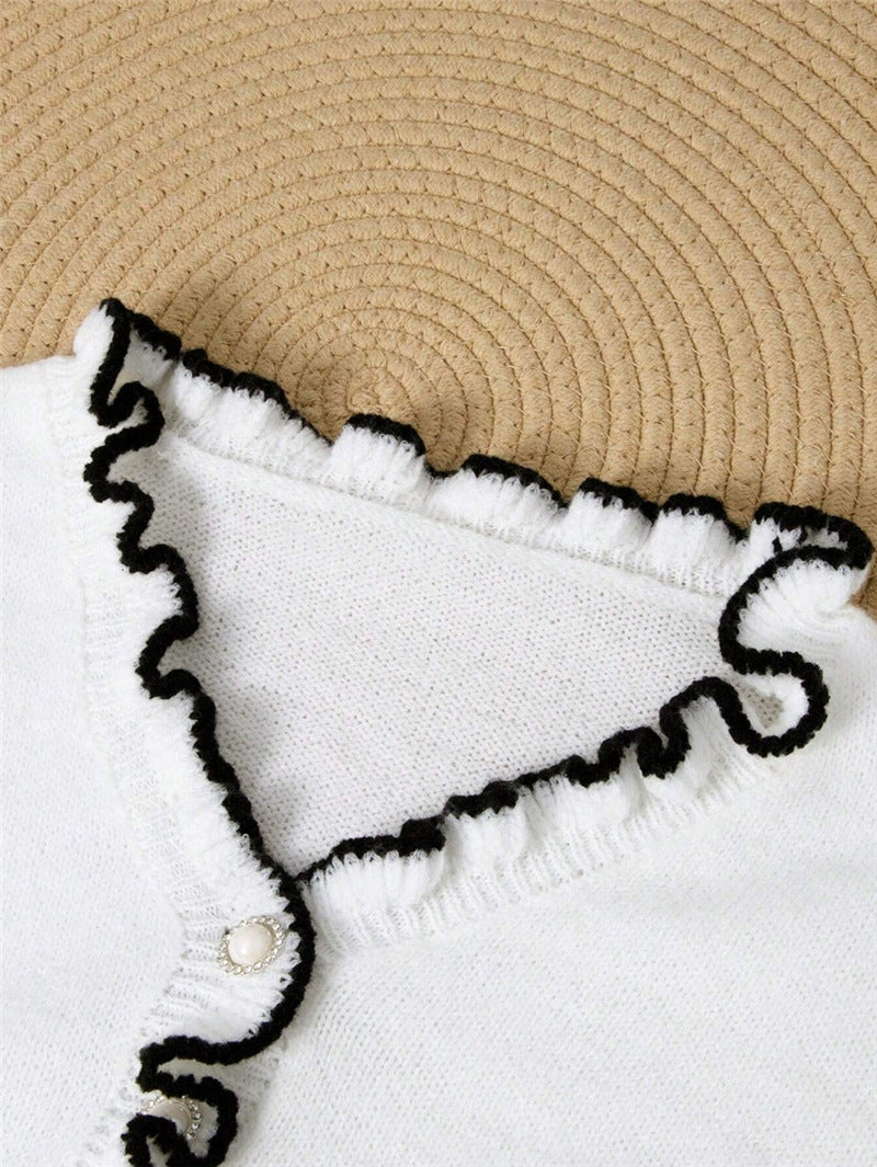 Contrast Ruffle Trim Pearl Button Knit Sweater - White - 2