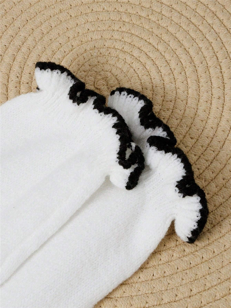 Contrast Ruffle Trim Pearl Button Knit Sweater - White - 3
