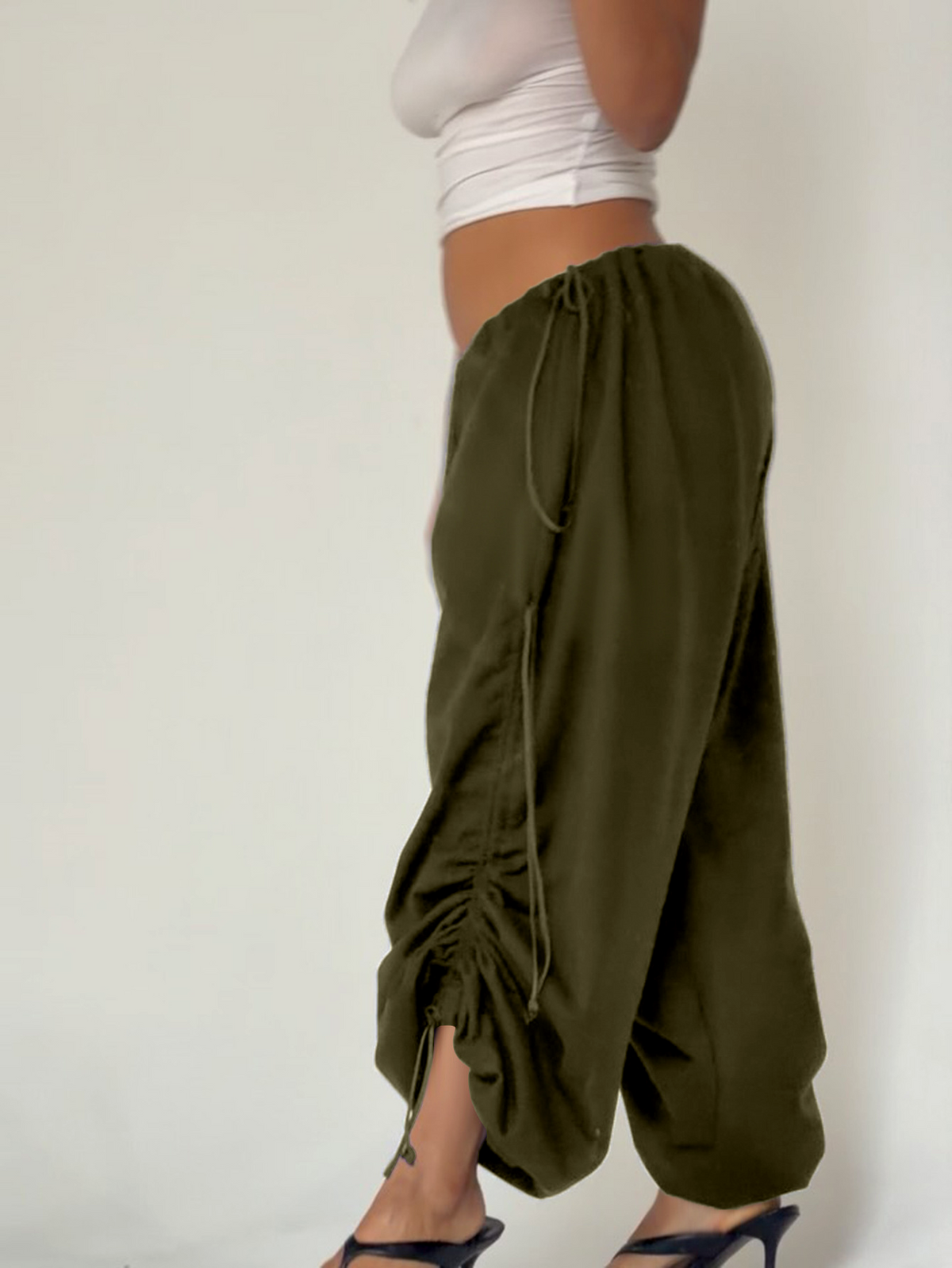 Baggy Ruched Hem Parachute Pants - Green - 11