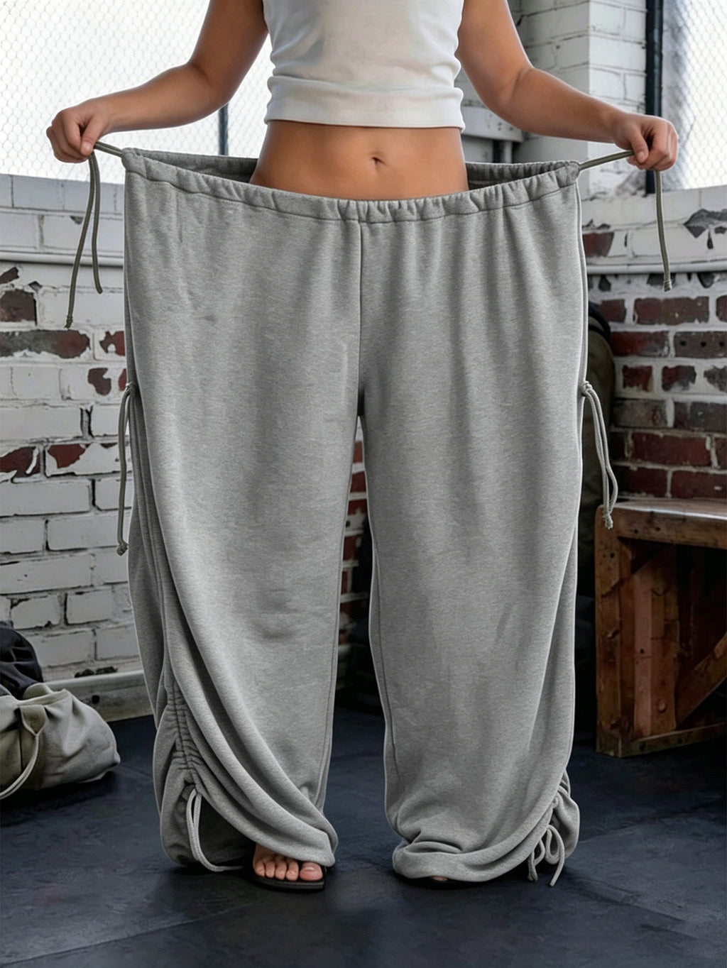 Baggy Ruched Hem Parachute Pants - Grey - 2