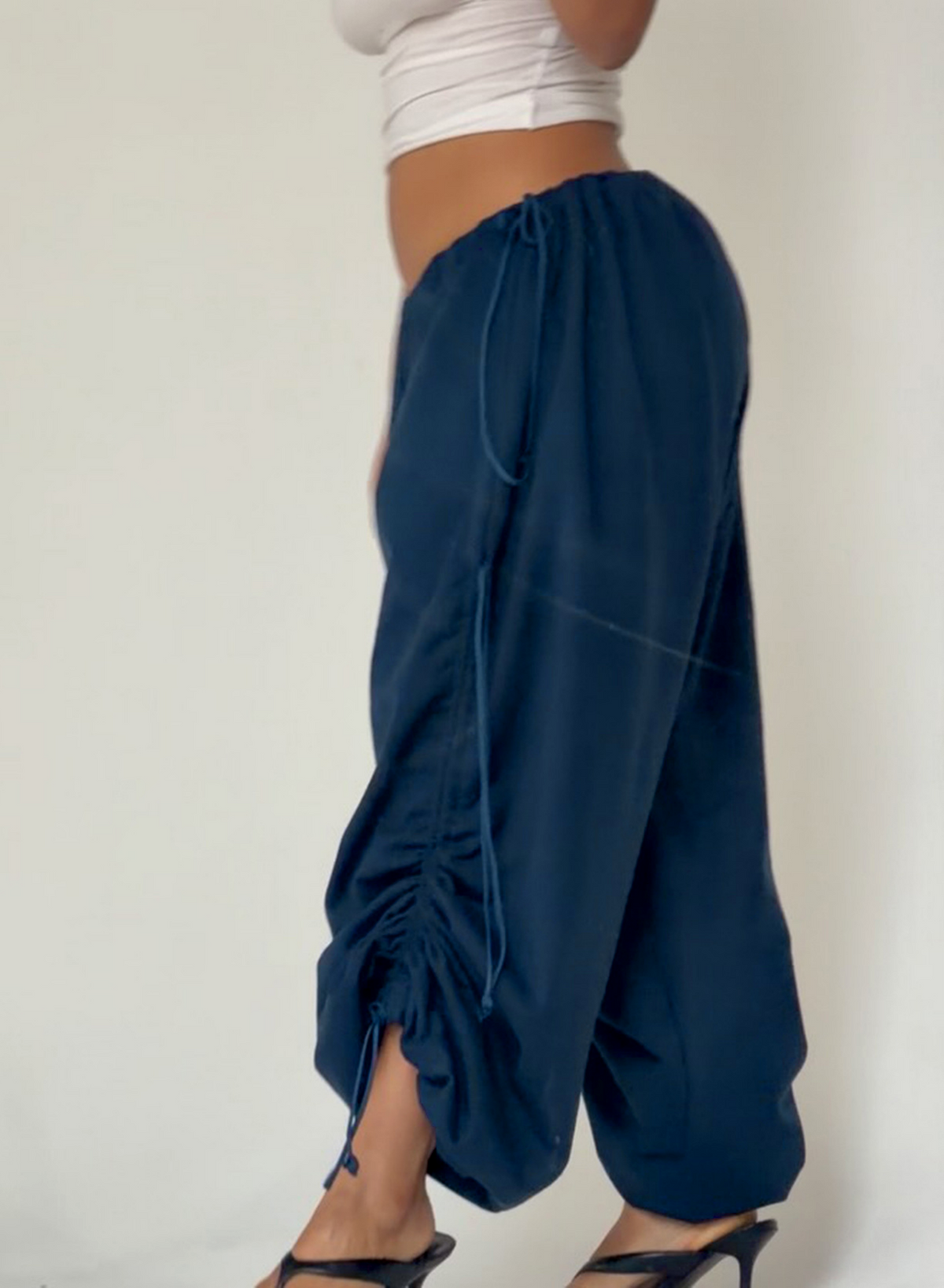 Baggy Ruched Hem Parachute Pants - NavyBlue - 2