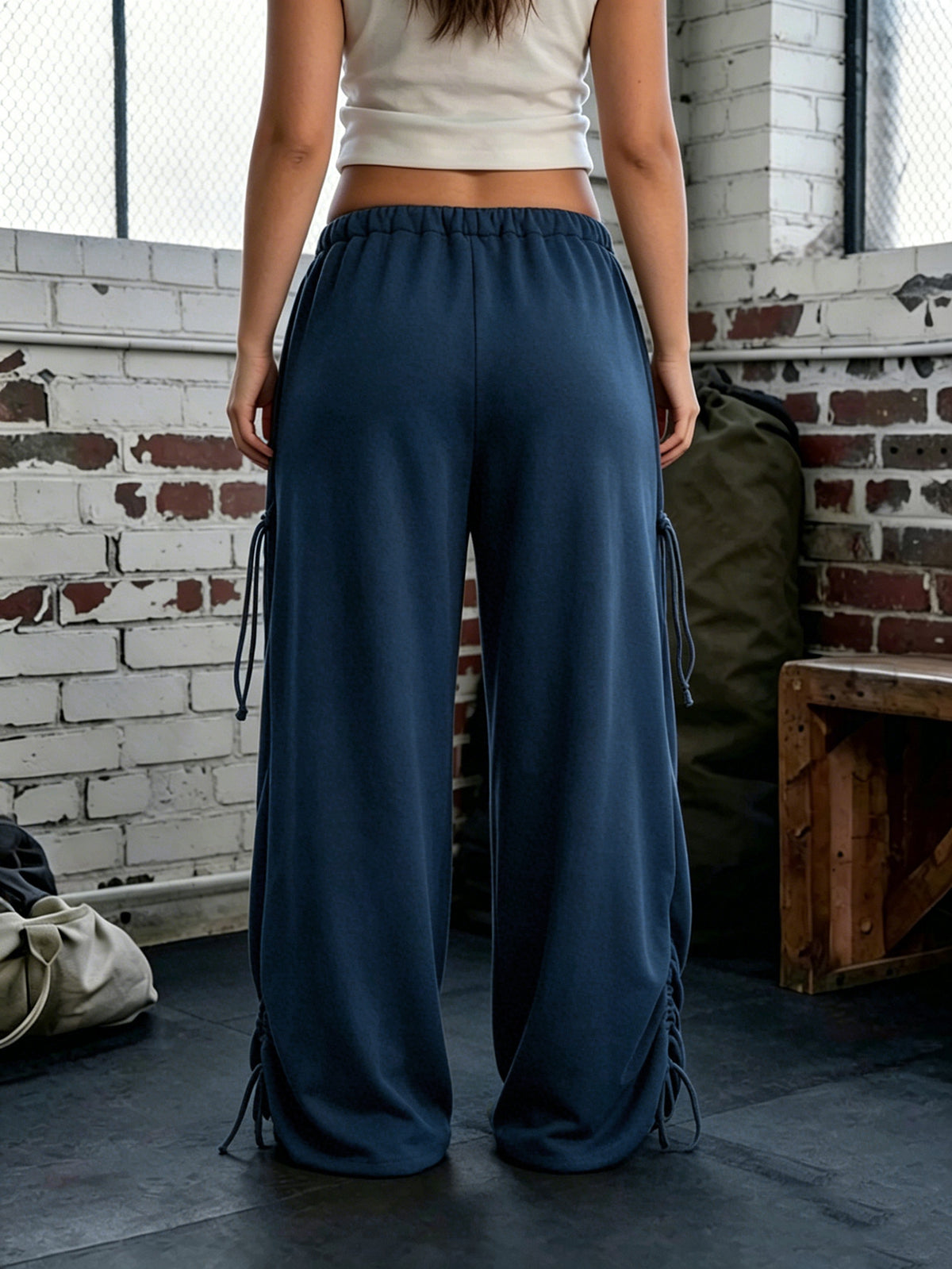 Baggy Ruched Hem Parachute Pants - NavyBlue - 4