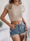 Cable Knit Cap Sleeve Crop Top - Khaki