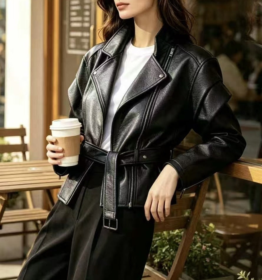 Faux Leather Funnel Neck Belted Moto Jacket - Black