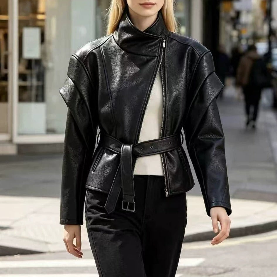 Faux Leather Funnel Neck Belted Moto Jacket