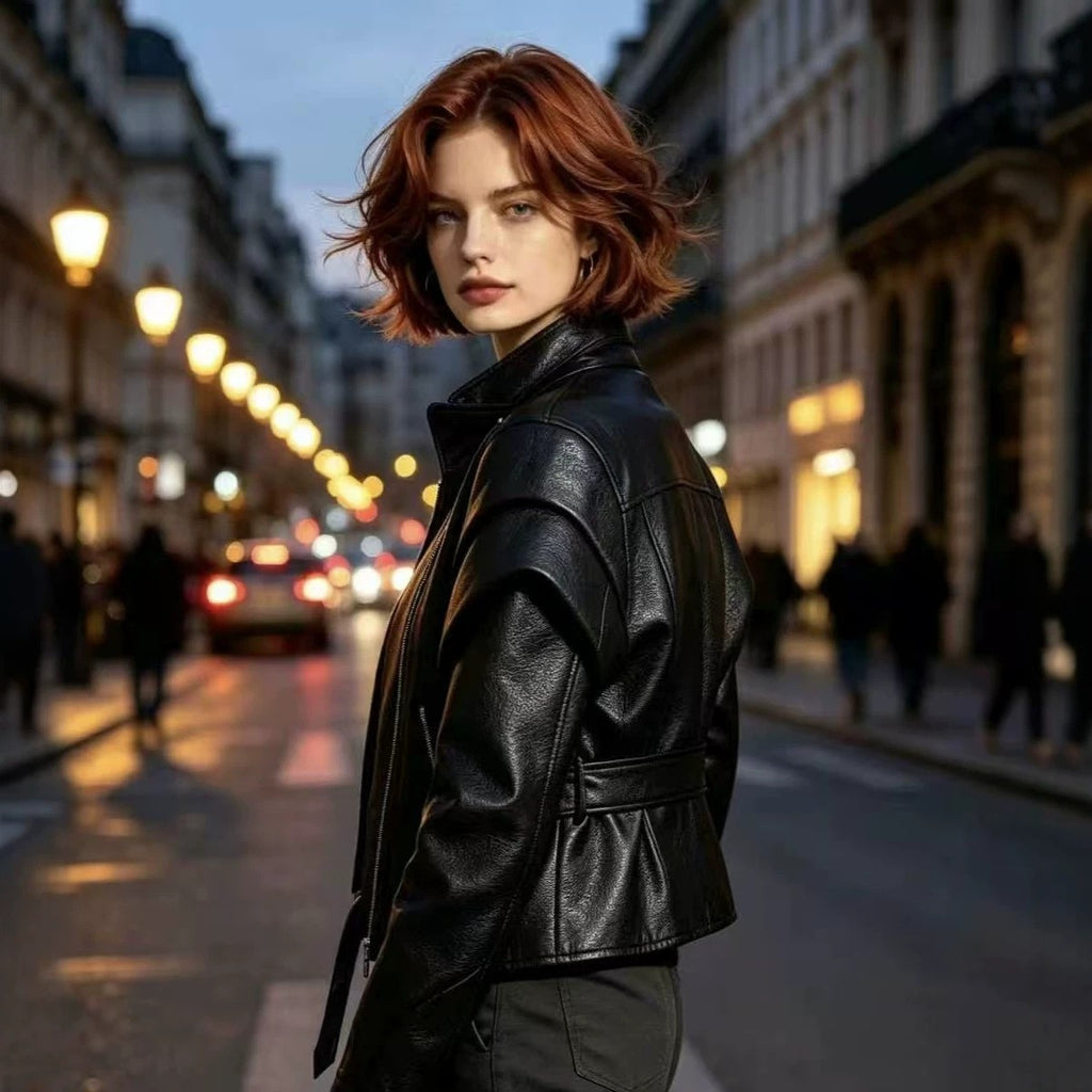 Faux Leather Funnel Neck Belted Moto Jacket