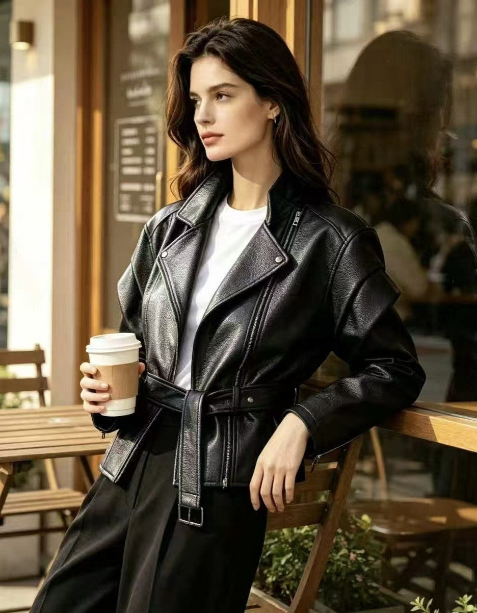 Faux Leather Funnel Neck Belted Moto Jacket