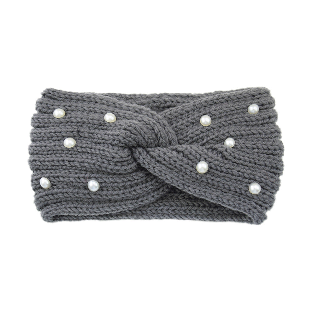 Pearl Dotted Knit Twist Headband - 06DarkGrey