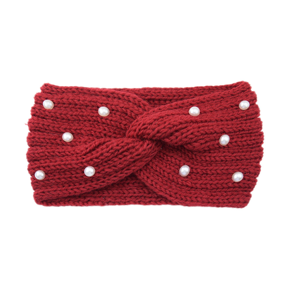 Pearl Dotted Knit Twist Headband - 07DarkRed