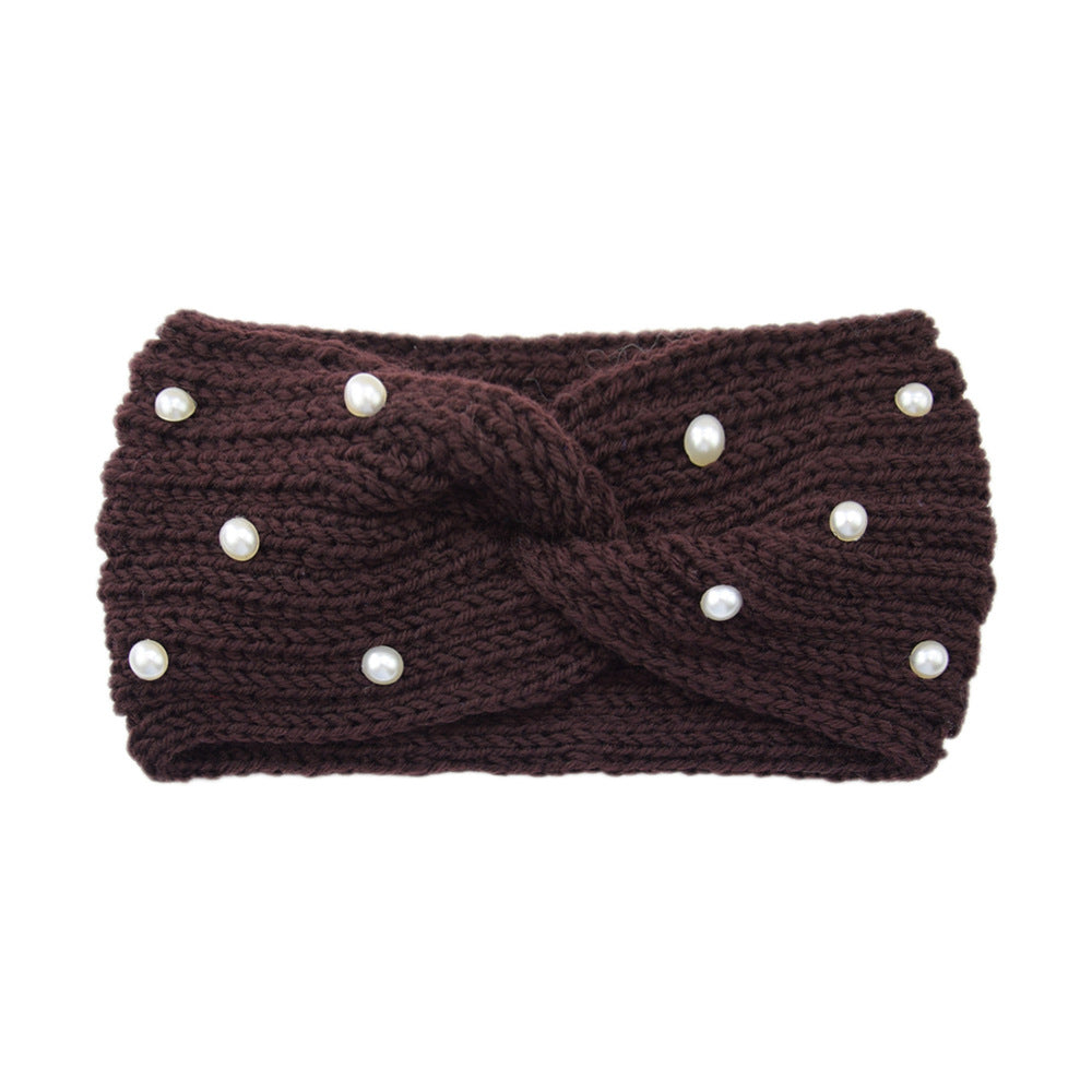 Pearl Dotted Knit Twist Headband - 18Coffee