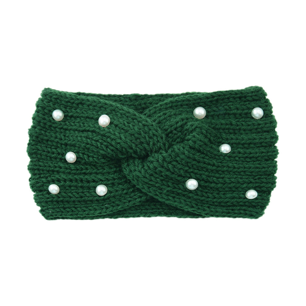Pearl Dotted Knit Twist Headband - 31darkgreen