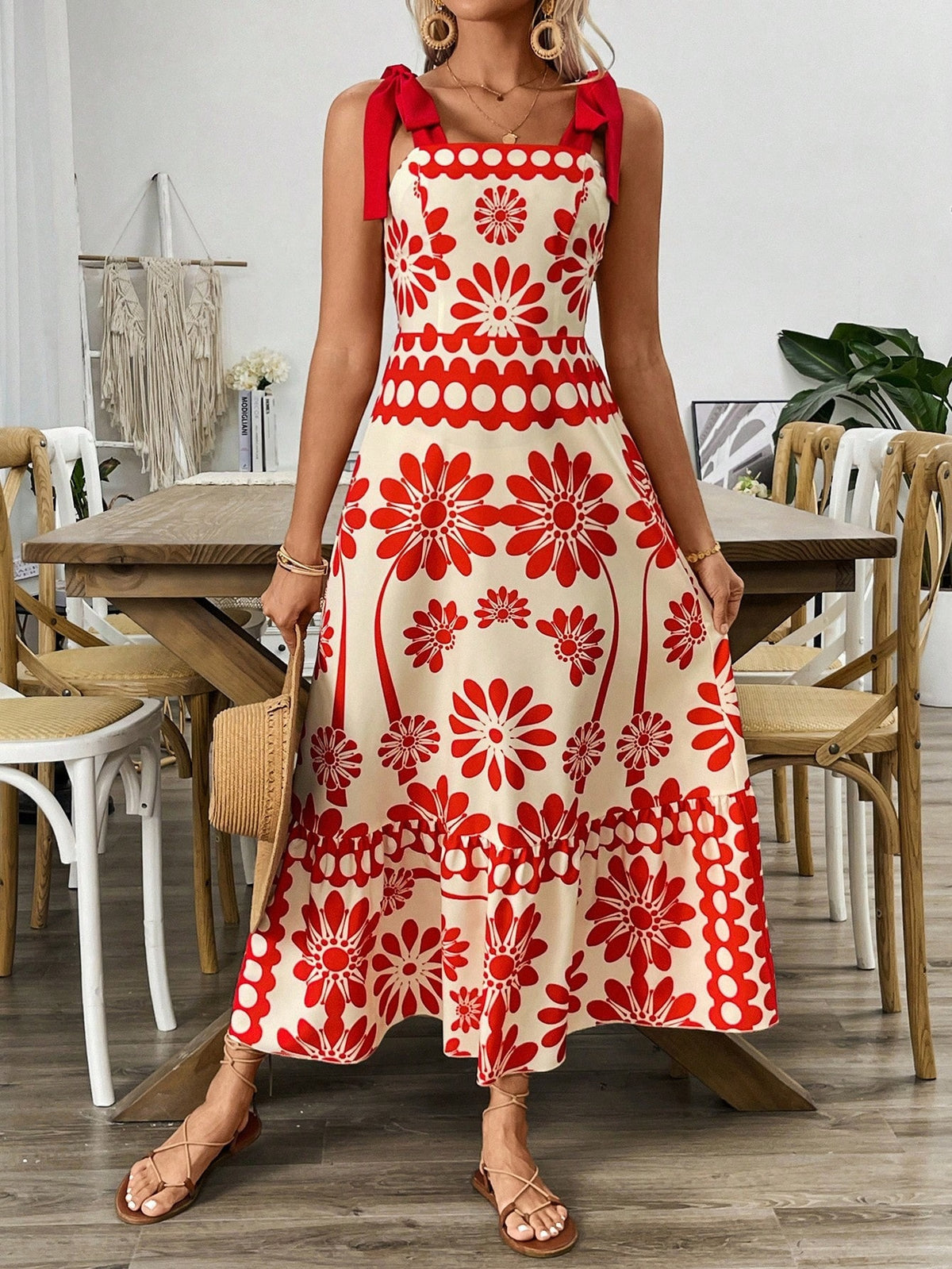 Red Floral Tie Strap Tiered Maxi Dress - Red