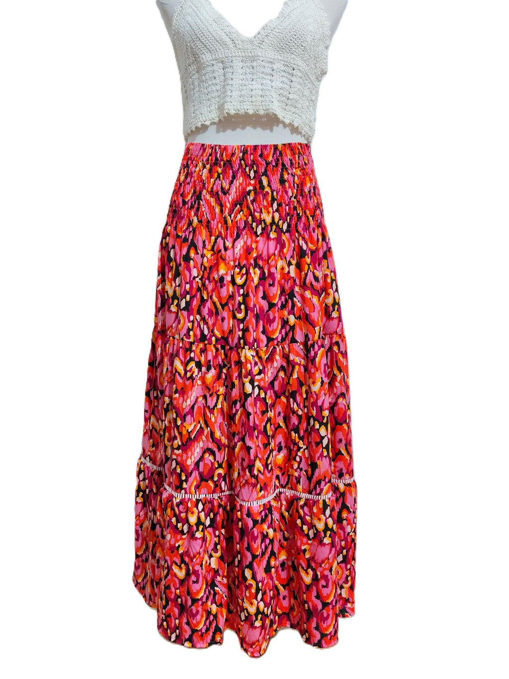 High Waist Tiered Boho Floral Maxi Skirt - Red