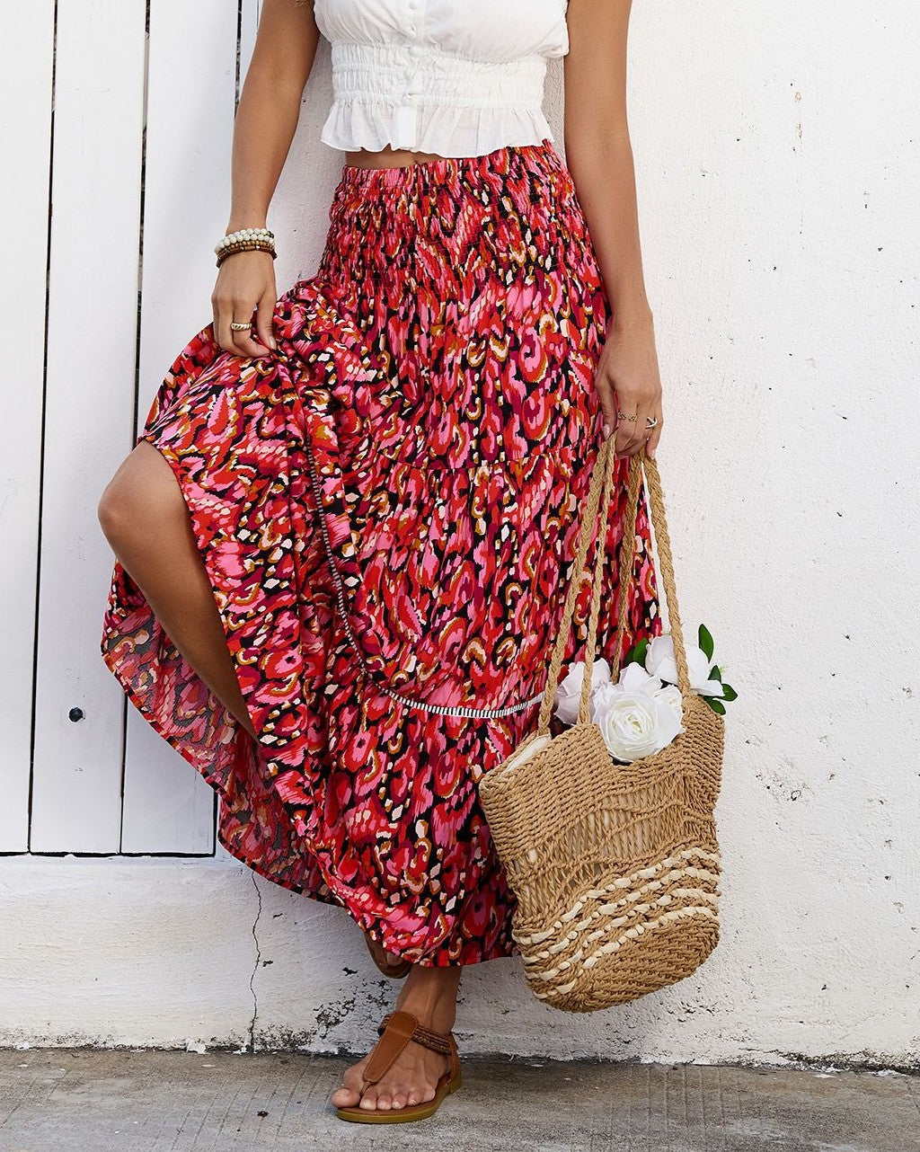 High Waist Tiered Boho Floral Maxi Skirt - Red - 1