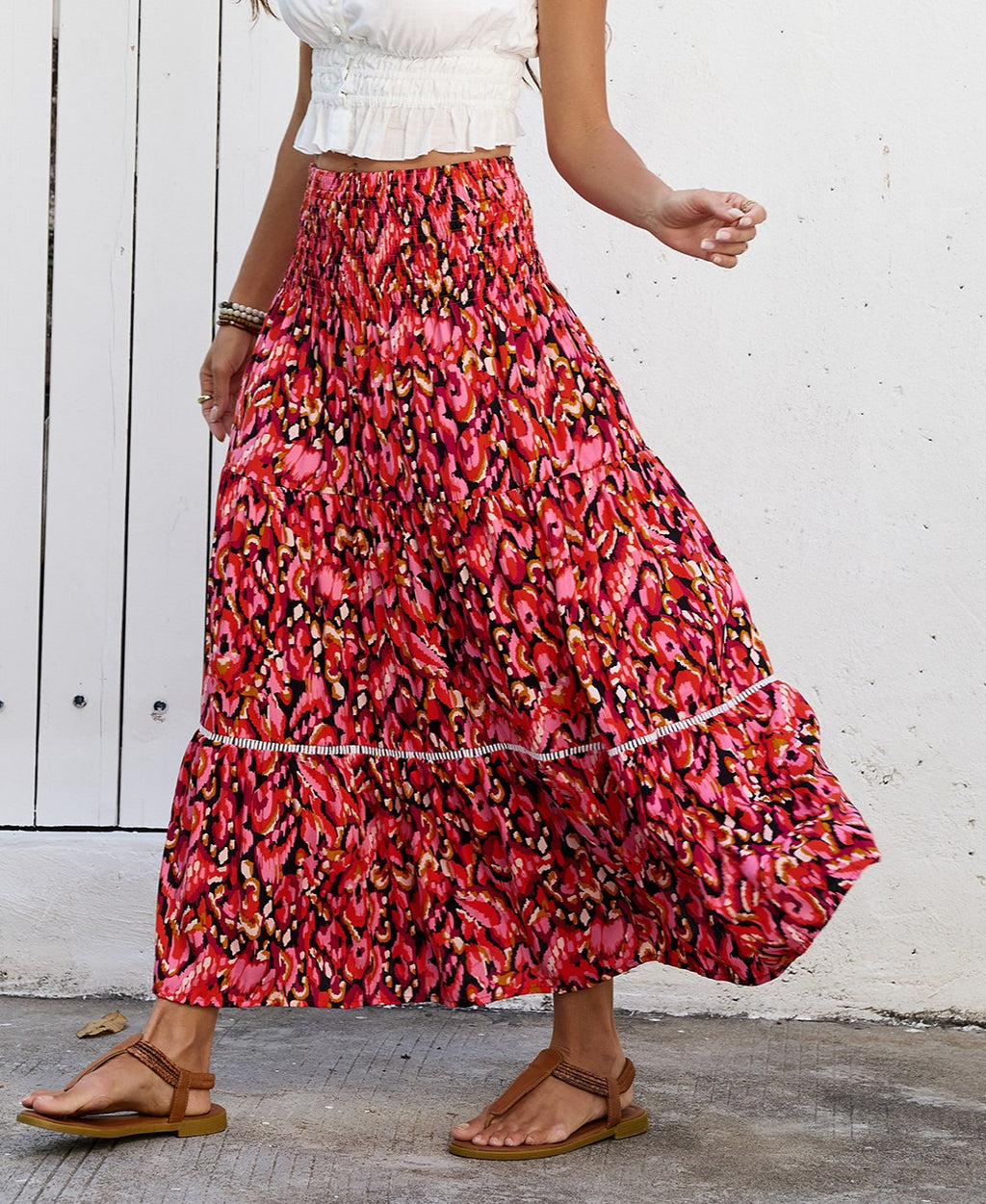 High Waist Tiered Boho Floral Maxi Skirt - Red - 2