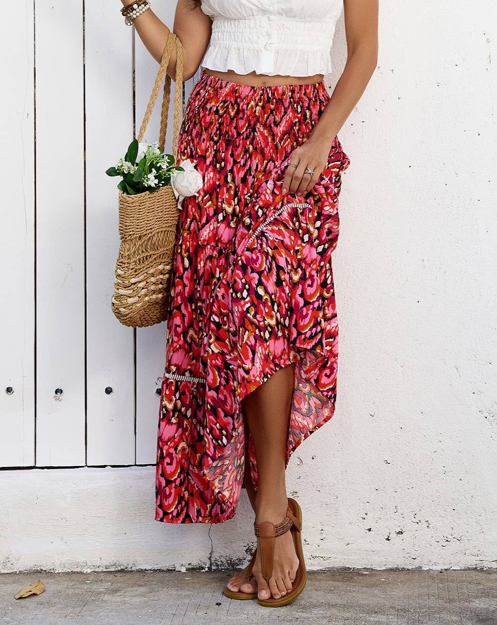 High Waist Tiered Boho Floral Maxi Skirt