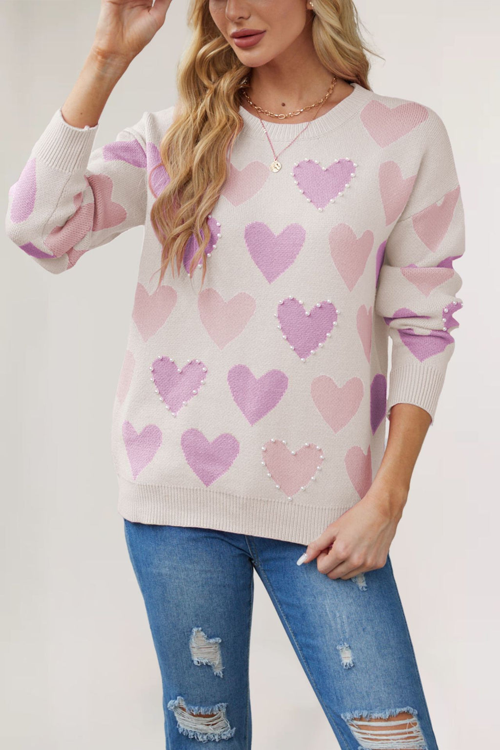 Pearl Beaded Heart Row Knit Sweater - Beige