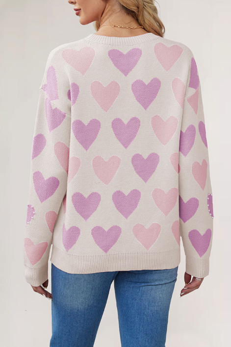 Pearl Beaded Heart Row Knit Sweater - Beige - 1