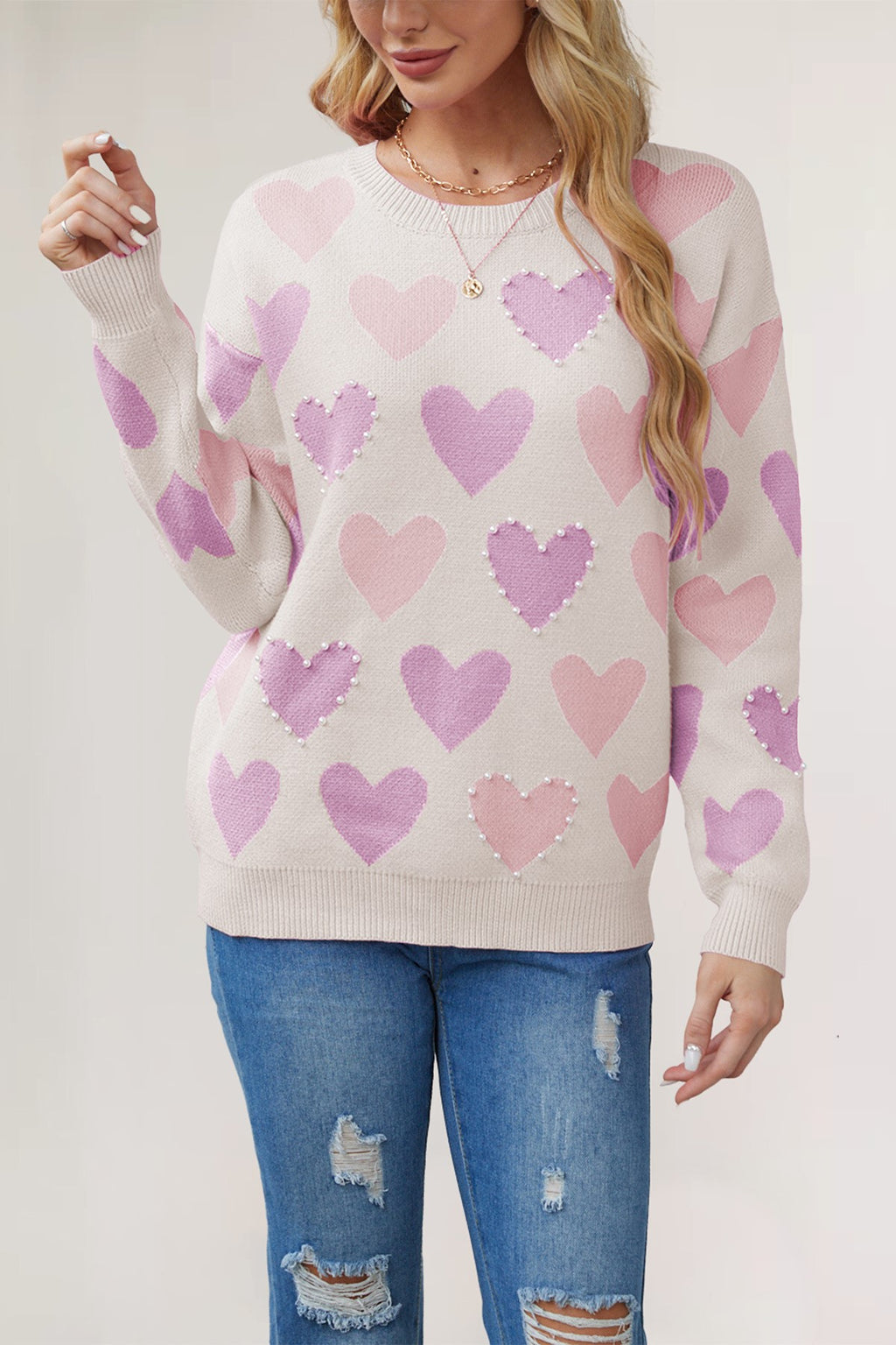 Pearl Beaded Heart Row Knit Sweater - Beige - 2