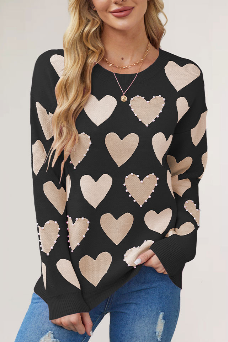 Pearl Beaded Heart Row Knit Sweater - Black - 1