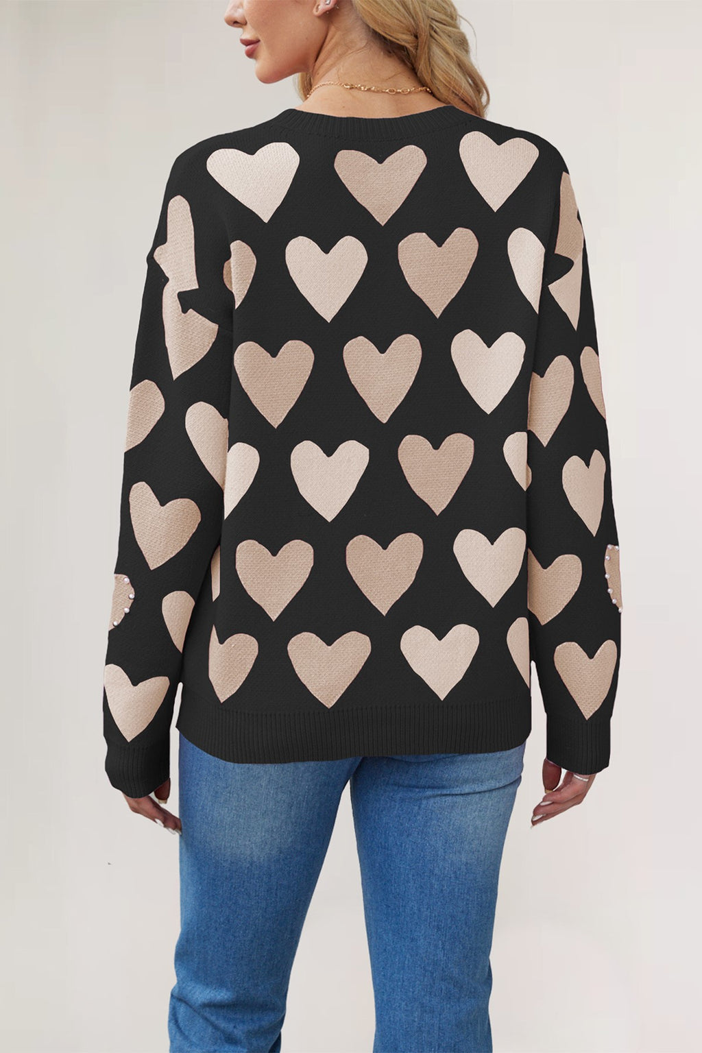 Pearl Beaded Heart Row Knit Sweater - Black - 2