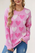 Pearl Beaded Heart Row Knit Sweater - Fuchsia