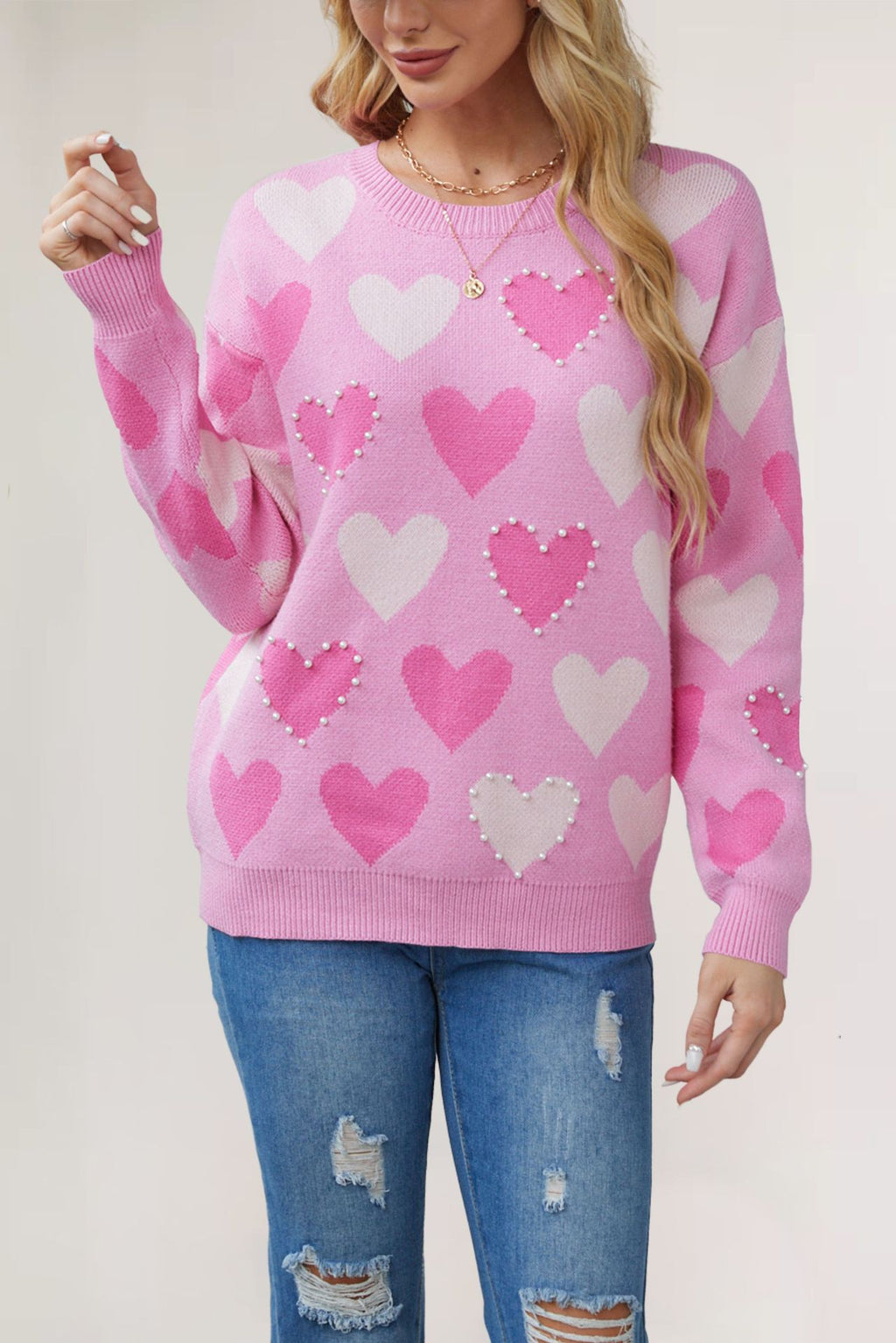 Pearl Beaded Heart Row Knit Sweater - Fuchsia - 1