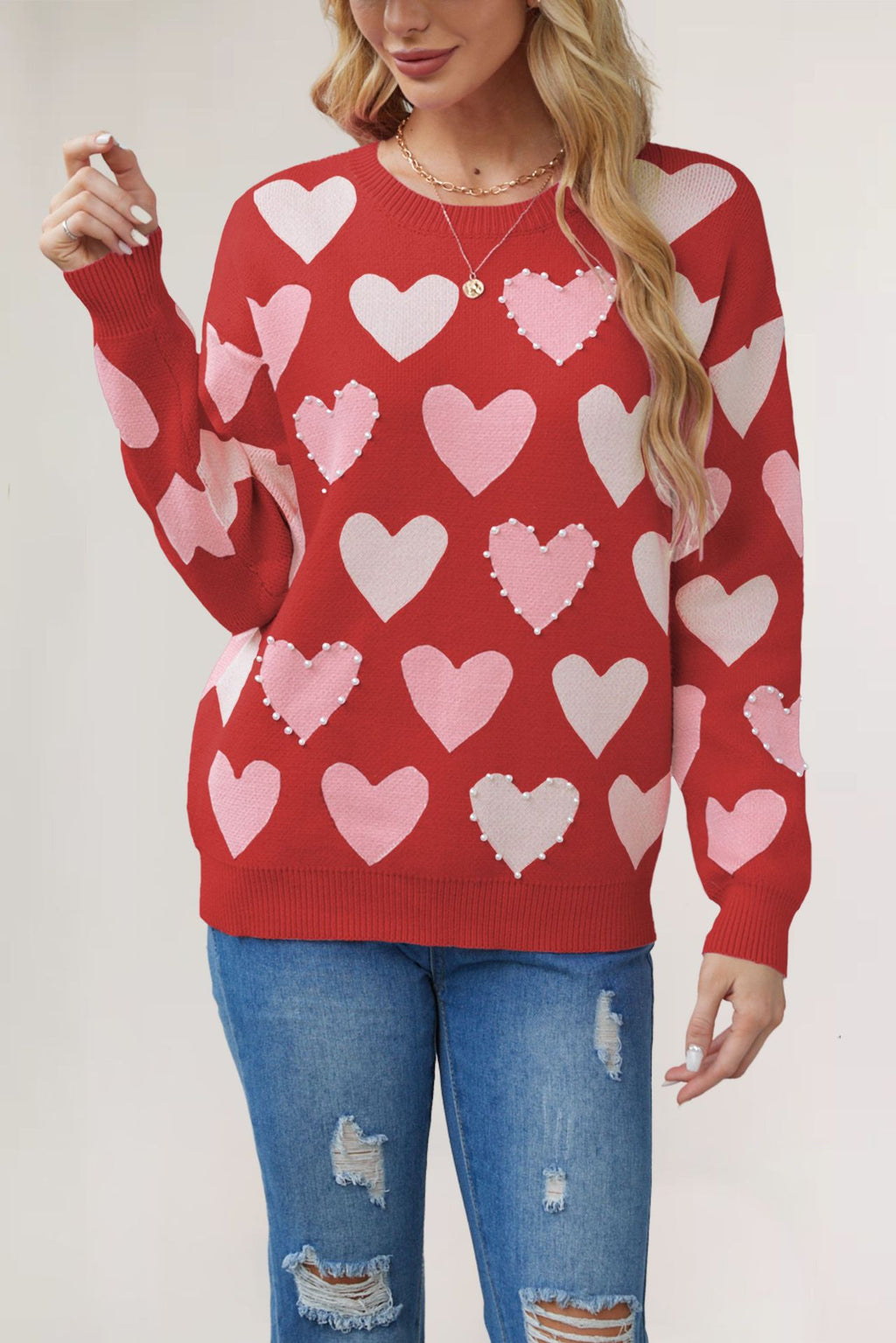Pearl Beaded Heart Row Knit Sweater - Red