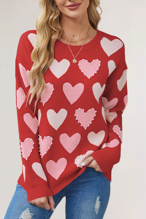 Pearl Beaded Heart Row Knit Sweater - Red - 1
