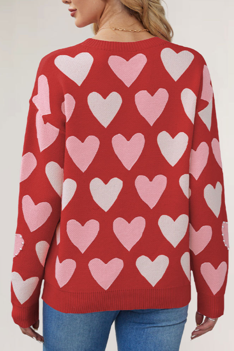 Pearl Beaded Heart Row Knit Sweater - Red - 2