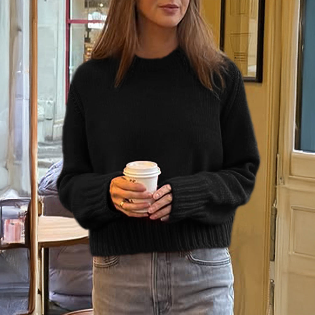 Cozy Drop Shoulder Crewneck Knit Sweater - Black