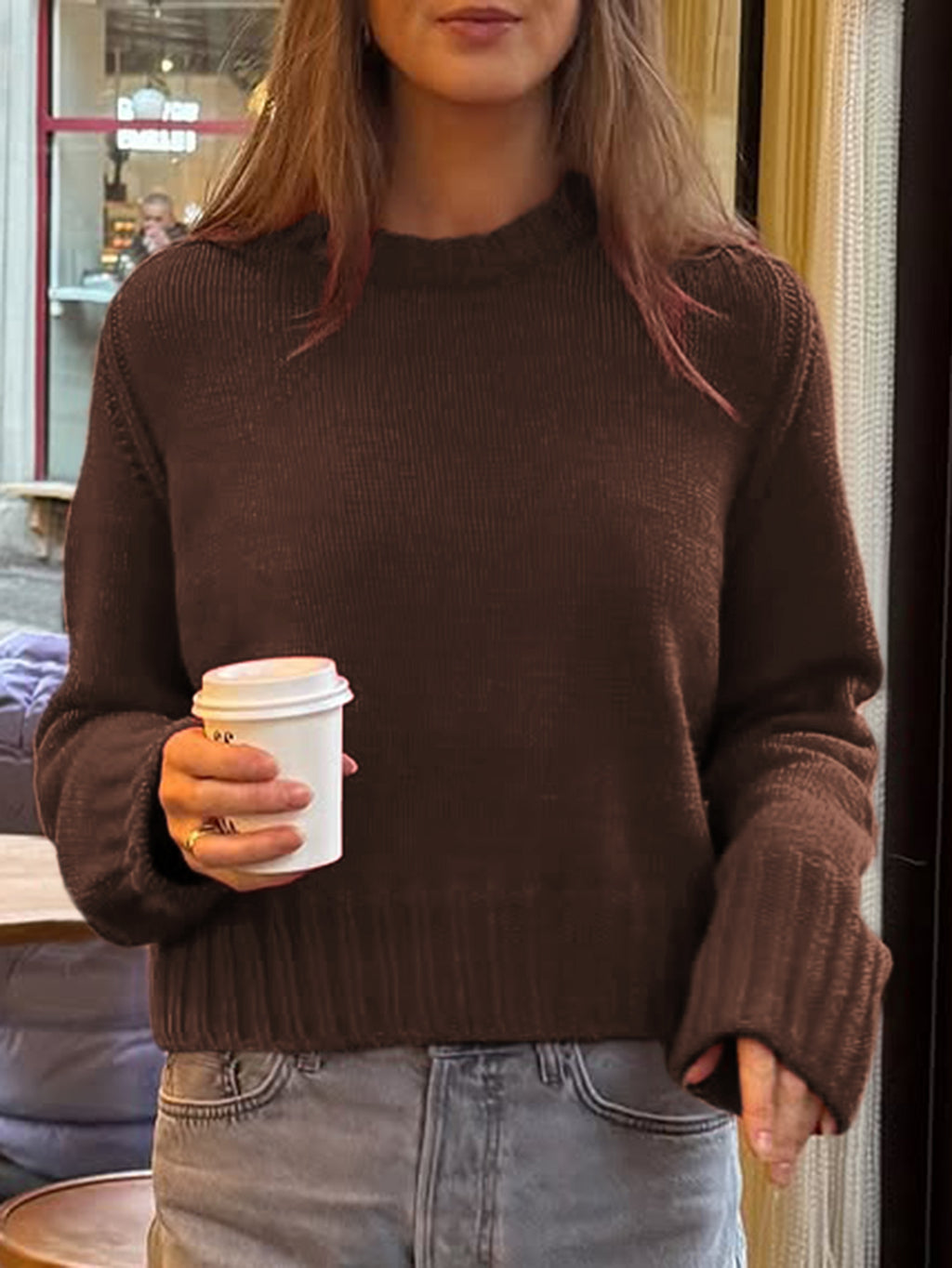 Cozy Drop Shoulder Crewneck Knit Sweater - Brown