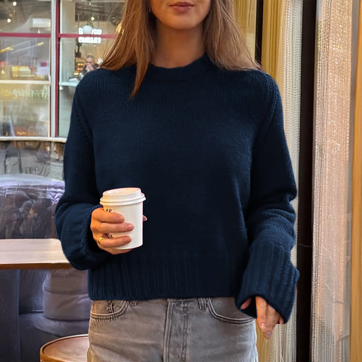 Cozy Drop Shoulder Crewneck Knit Sweater - DarkBlue