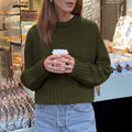 Cozy Drop Shoulder Crewneck Knit Sweater - DkGreen