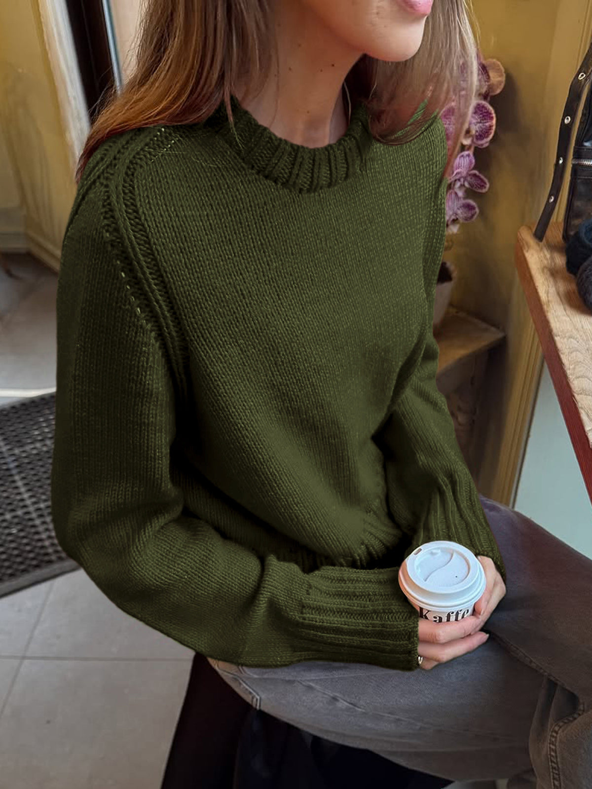 Cozy Drop Shoulder Crewneck Knit Sweater - DkGreen - 1