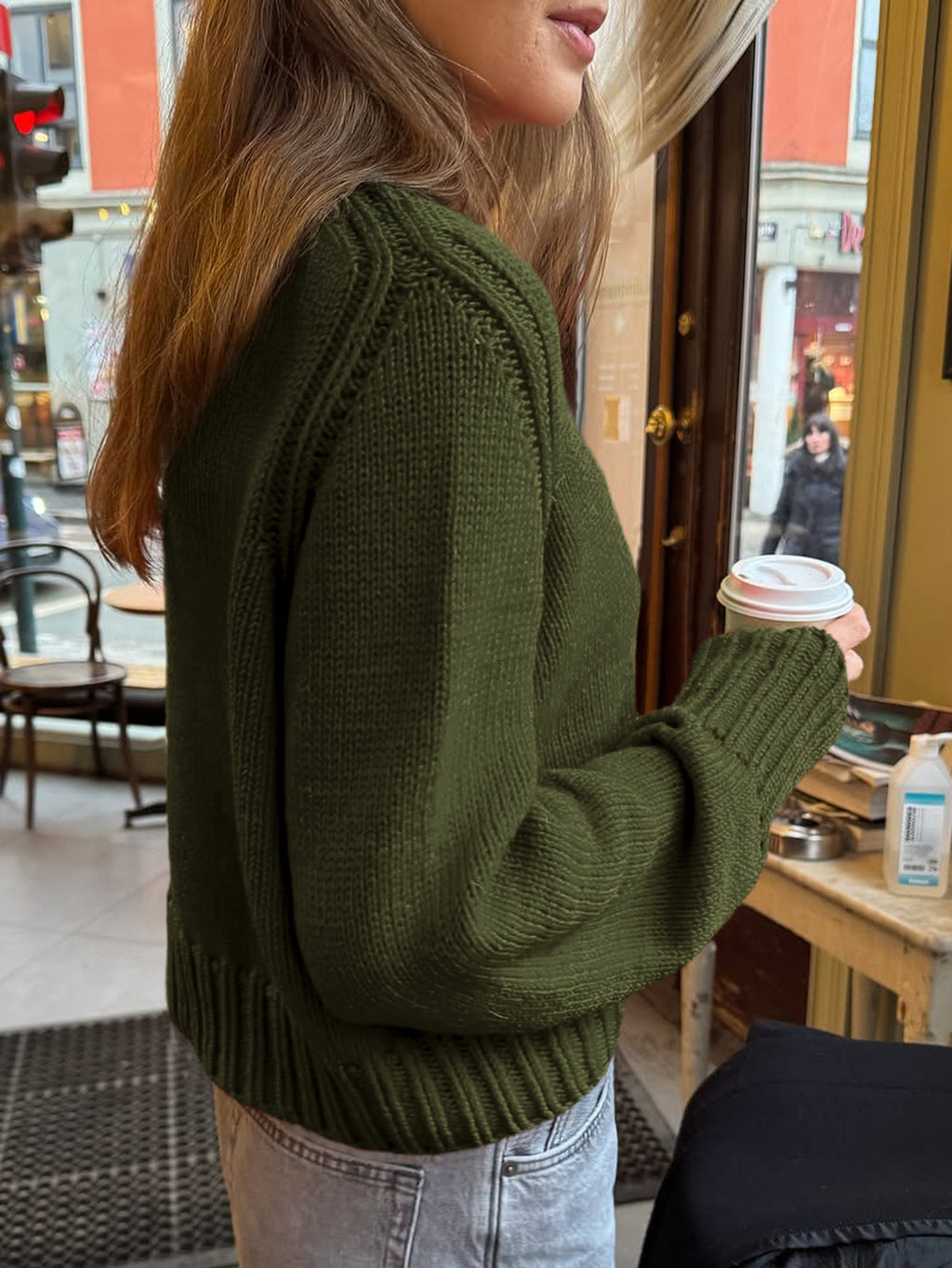 Cozy Drop Shoulder Crewneck Knit Sweater - DkGreen - 2