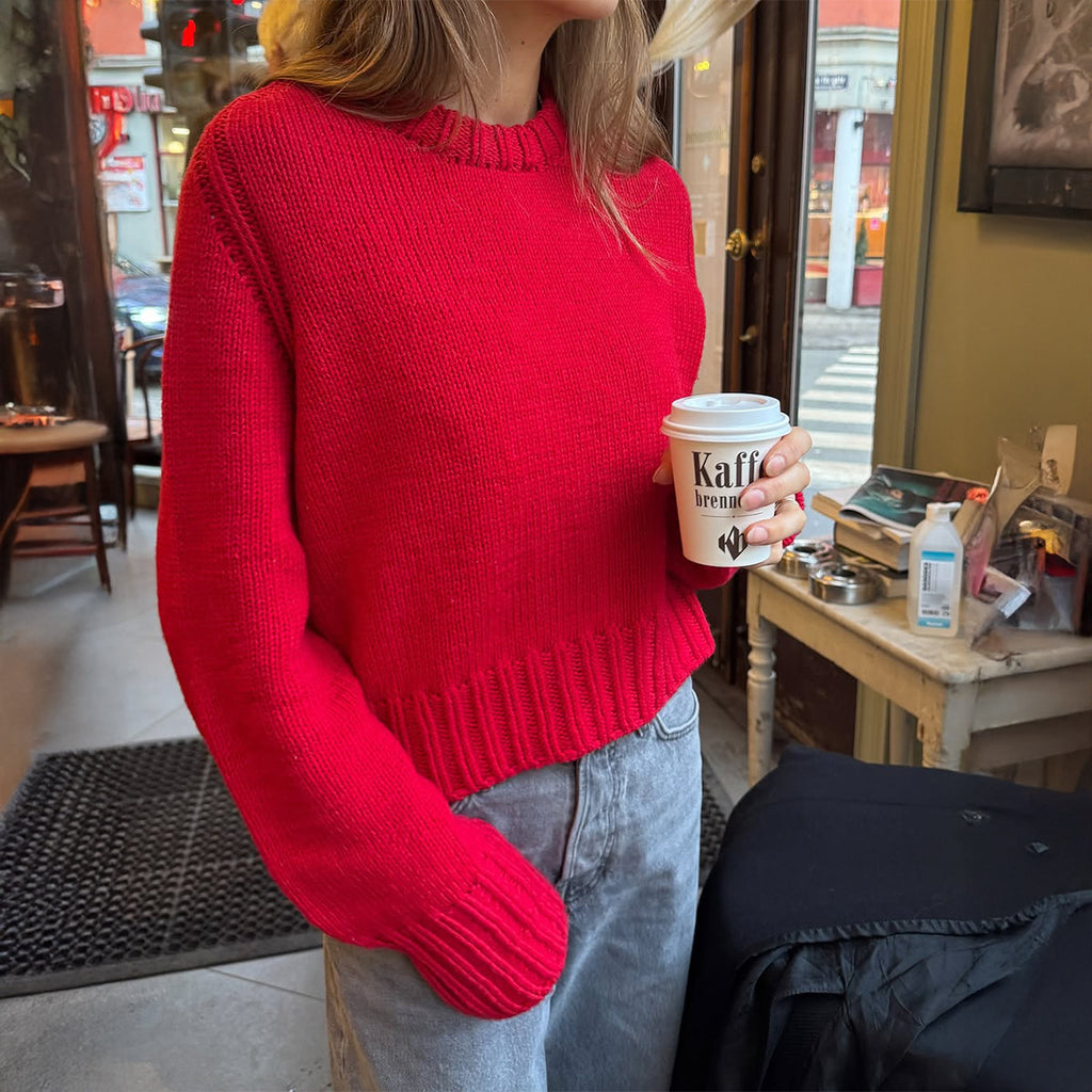 Cozy Drop Shoulder Crewneck Knit Sweater - Red